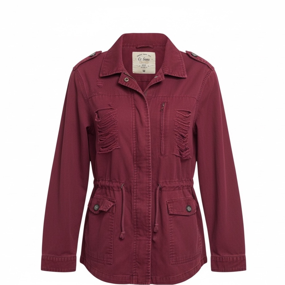 Ci Sono Distressed Drawstring Utility Jacket - Wine
